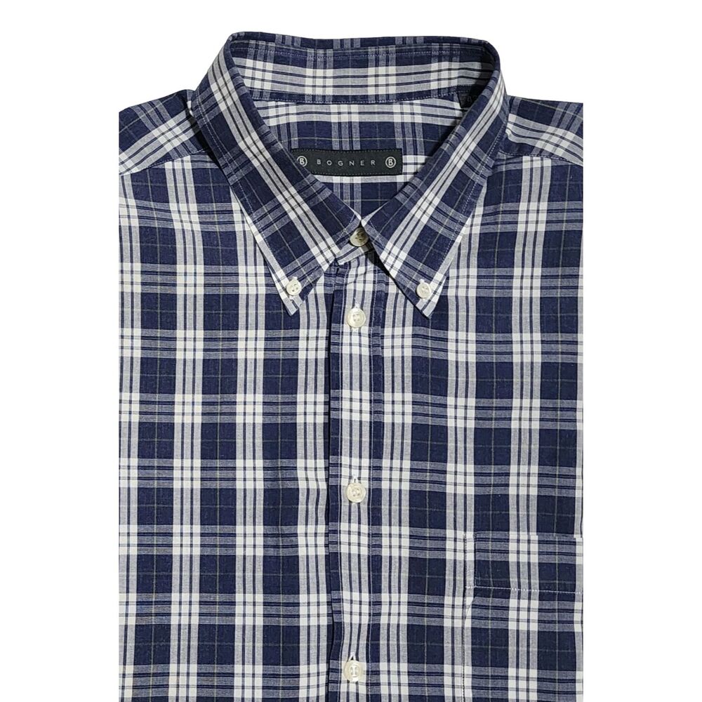 Bogner Blue White Plaid Cotton Short Sleeve Button Up Shirt Size EU 43 /US XL